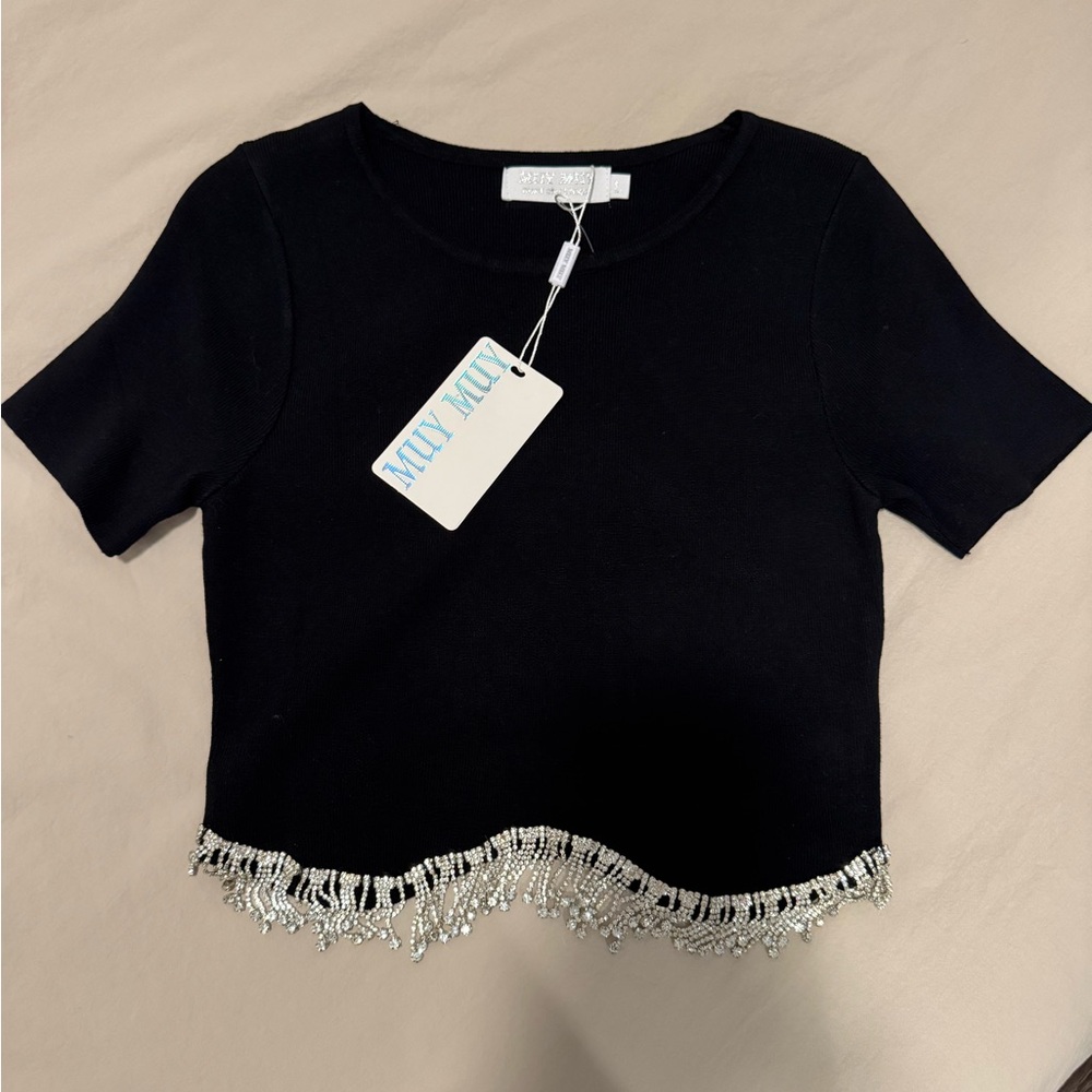 Black Crop Top with Silver Fringe